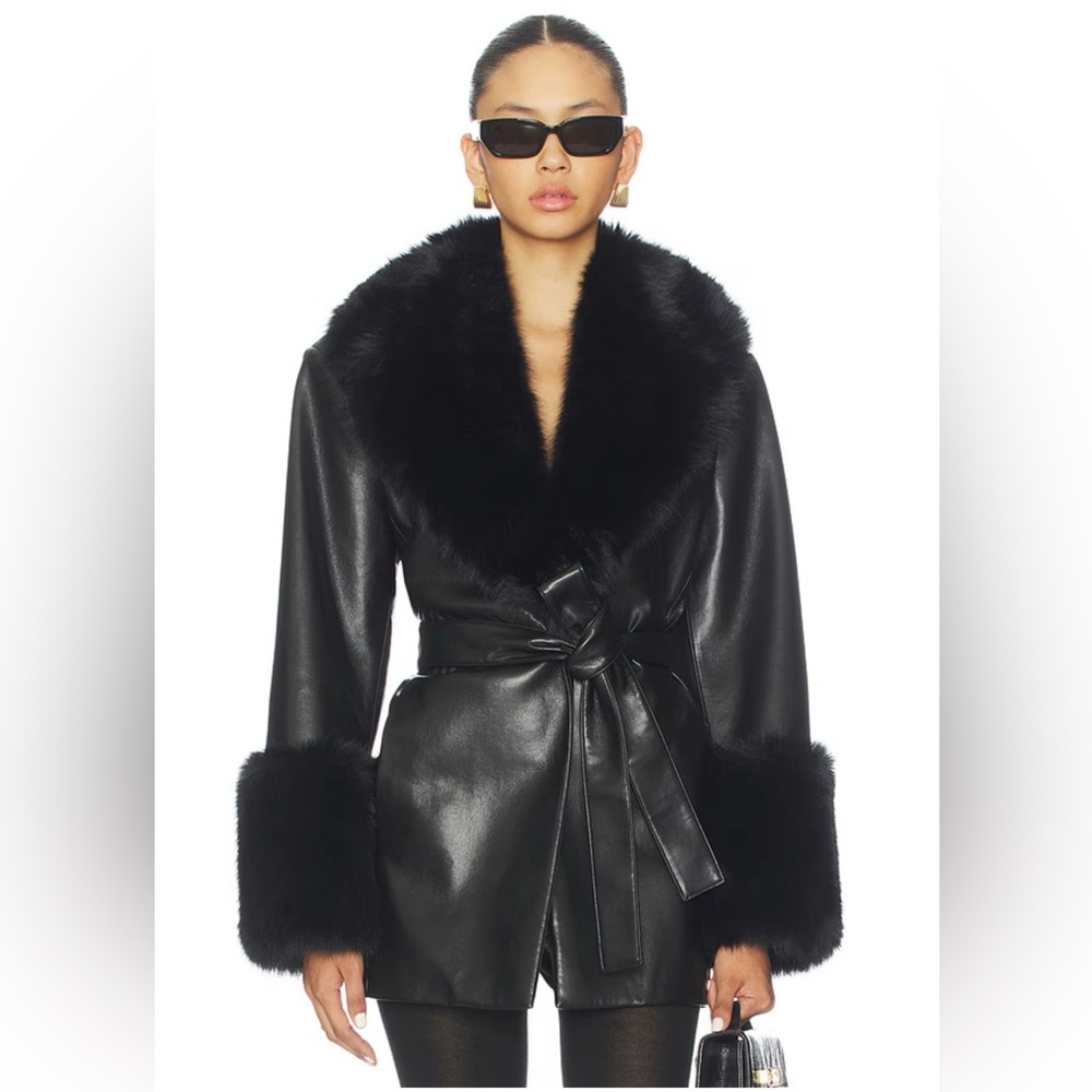 Lamarque Black Leather Jacket with Faux Fur Trim